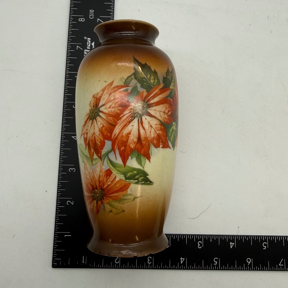 Vintage Poinsettia Vase Floral Ceramic‎ Tabletop Decor Brown Cream